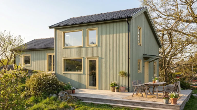 Grönt hus på en bergshäll med terass