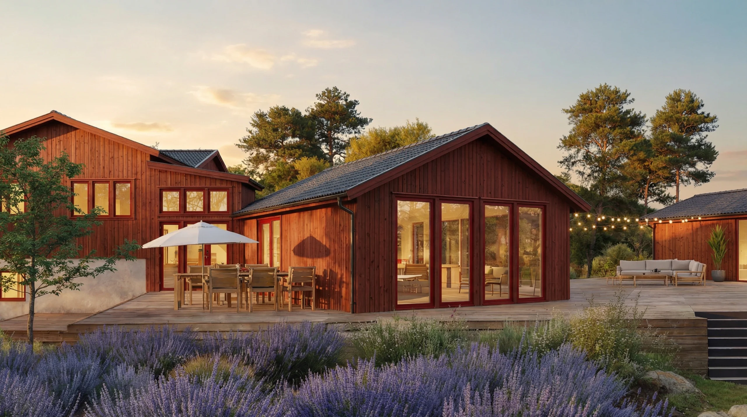 Rött hus med en stor träterrass, stora fönster och lavendel i förgrunden