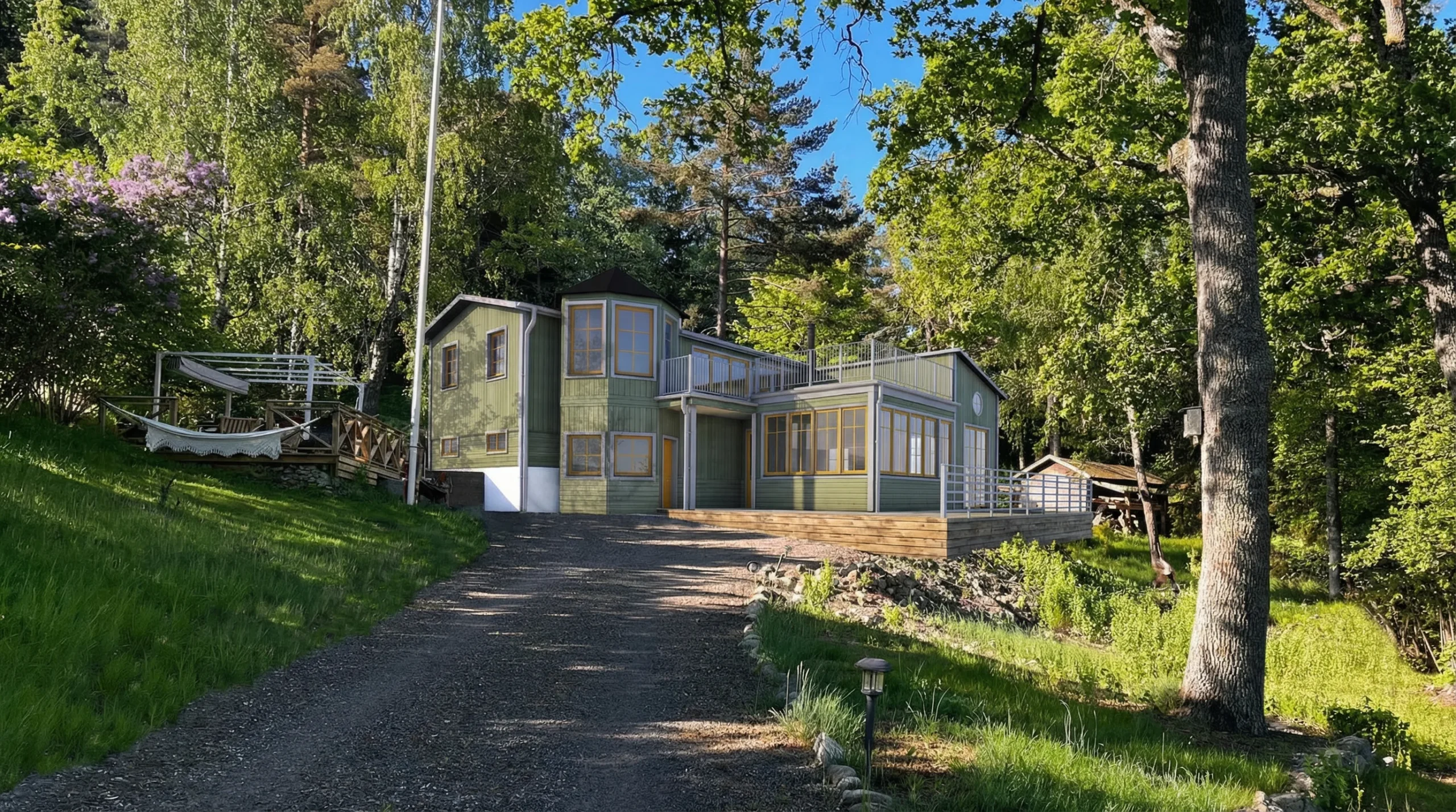 Projekt B12 - grön villa med tillbyggnad av torn och terass.