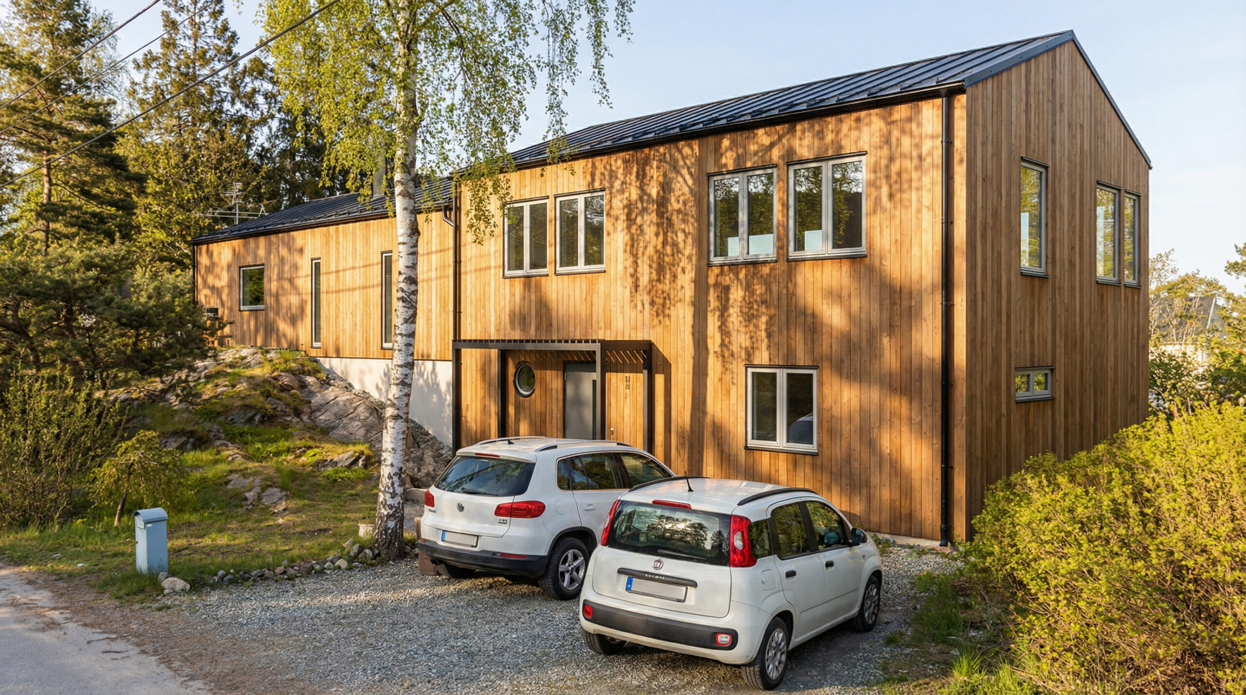 Trähus med stora fönster och två bilar på uppfarten